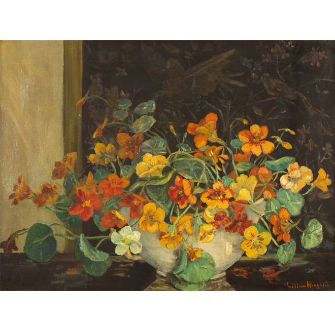 Nasturtiums with screen painted by artist <span>WILLIAM H.DALY</span>